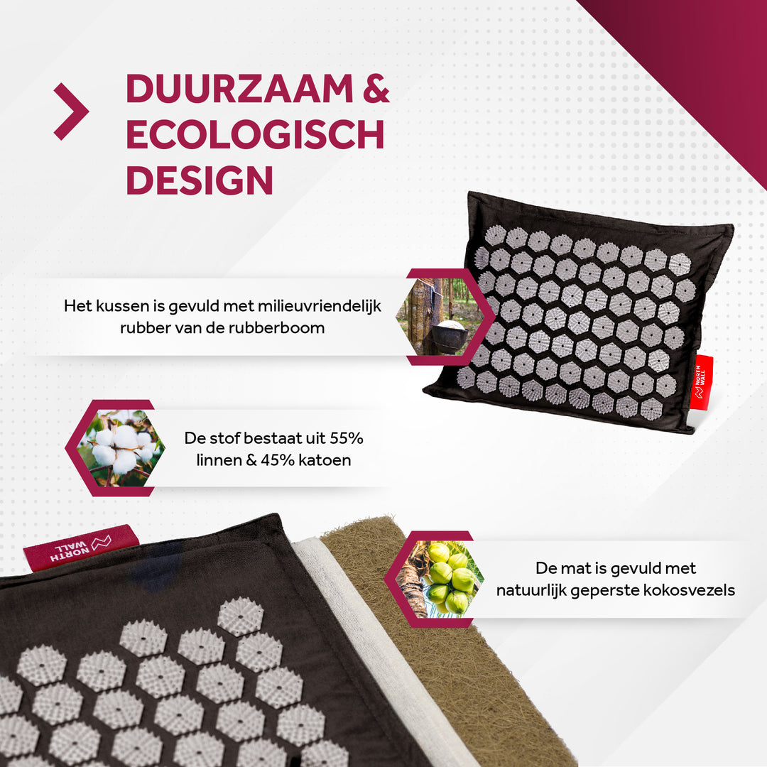 zwarte spijkermat en spijkerkussen gevuld met natuurlijke kokosvezels en rubber van de rubberboom