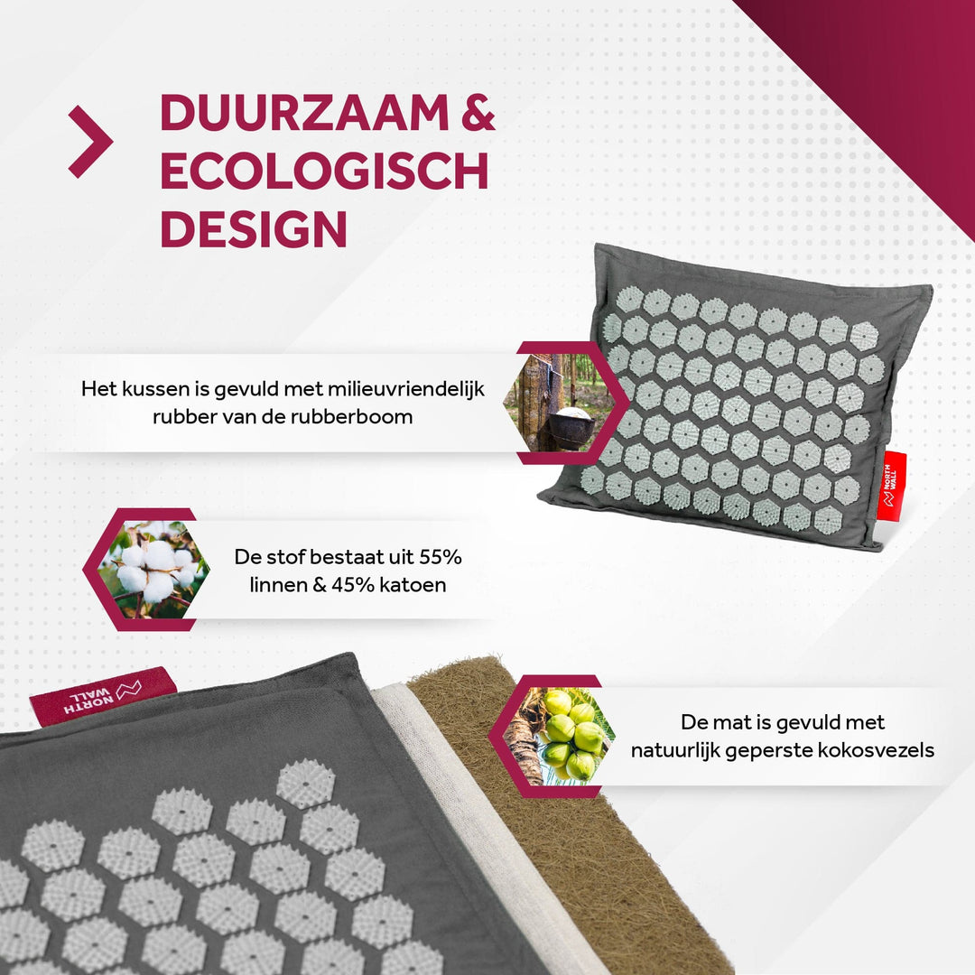 Grijze spijkermat en spijkerkussen gevuld met natuurlijke kokosvezels en rubber van de rubberboom