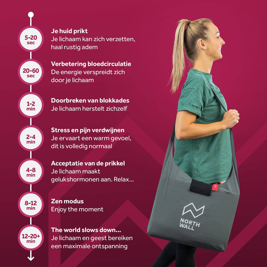 Jonge vrouw draagt de grijze spijkermat in de Northwall draagtas