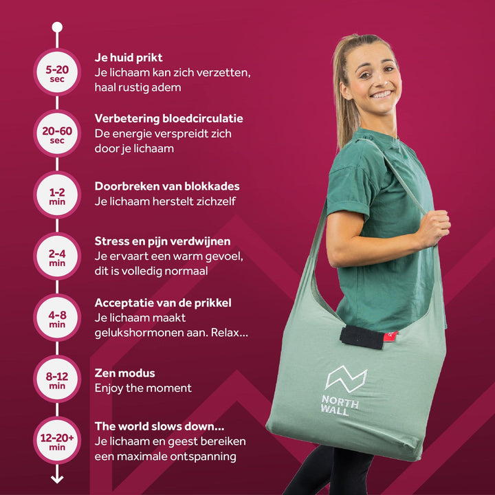 Jonge vrouw draagt de spijkermat in de Northwall draagtas